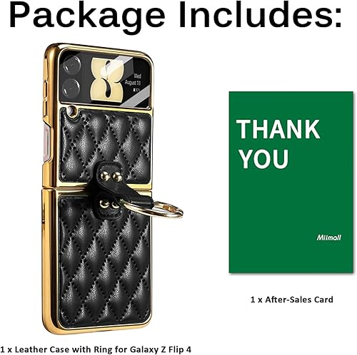 Miniatura 7 de Miimall Funda de cuero para Samsung Galaxy Z Flip 4 con soporte de anillo, cubierta trasera de cuero romboide de lujo, marco de galvanoplastia con