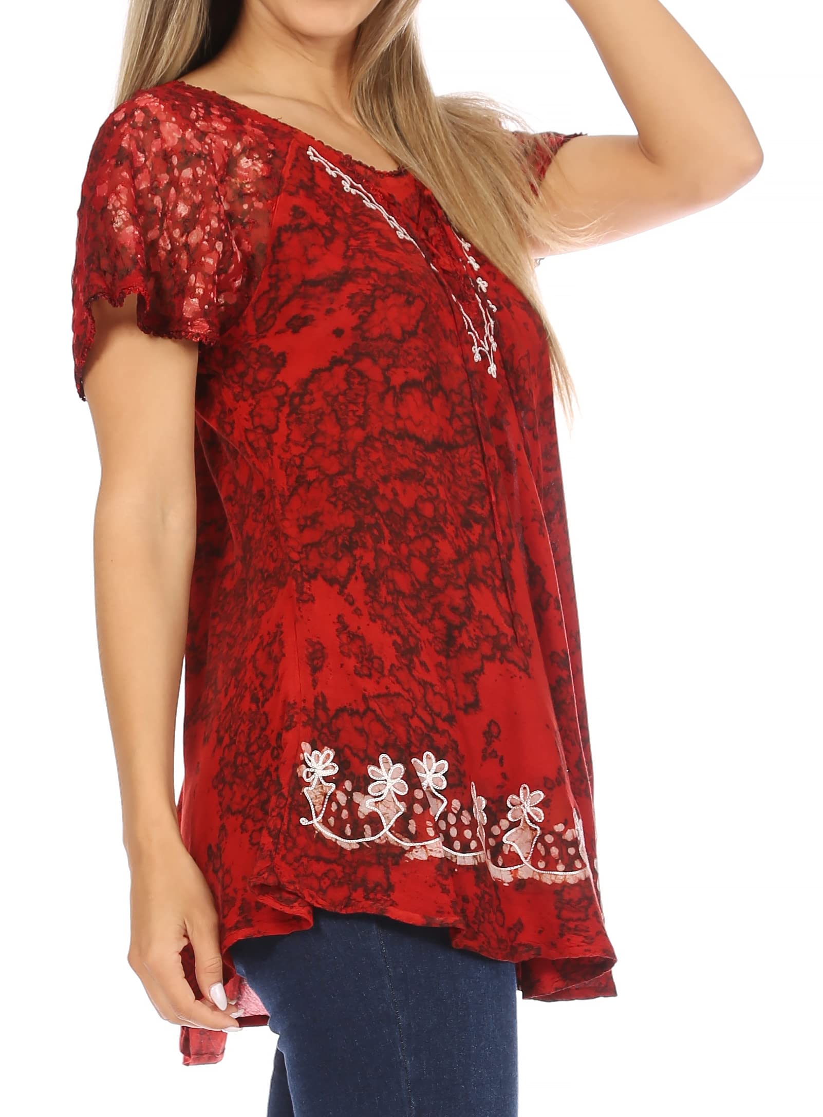 Sakkas Ash mouchetée Tiedye Casquette brodée Manches Chemisier Top Ourlets Broderie