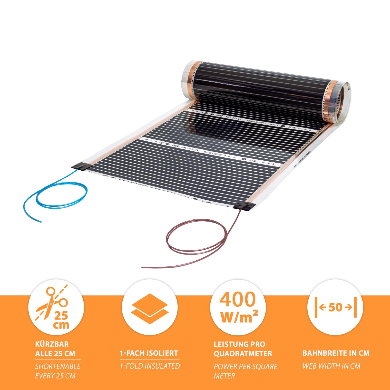 1,0m Wysokowydajna Folia Grzejna Węglowa Na Podczerwień 230V 50cm szerokości 400W/m² - Do Temperowania Powierzchni, Budowy Prototypów, Form Tłoczniczych, Budownictwa Maszyn