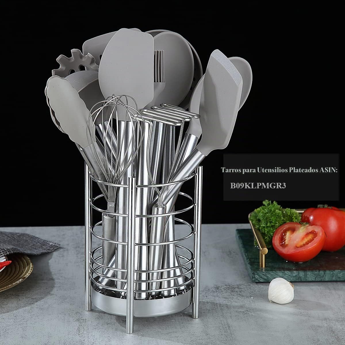 38 Pieza Juego De Utensilios De Cocina Con Rejilla Para Utensilios, Cabezal De Silicona Y Mango De Acero Inoxidable, De Cocina Para Juegos De Utensilios, Antiadherentes Utensilios Cocina (Plateado)