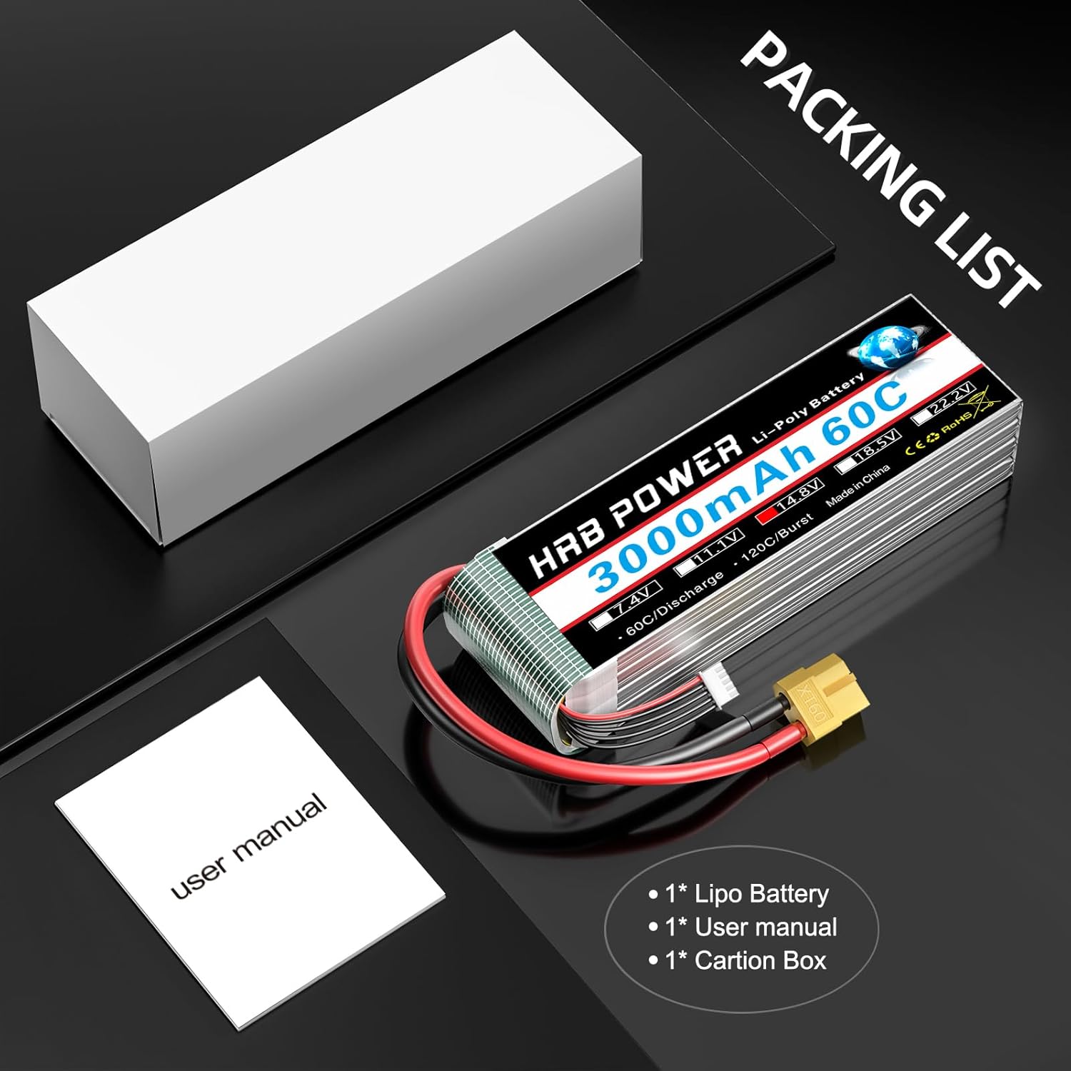 HRB POWER 4S Lipo Battery XT60 3000mAh 14.8V 60C RC LiPo Battery Pack Compatible with RC Car Truck Quadcopter Airplane Helicopter Boat