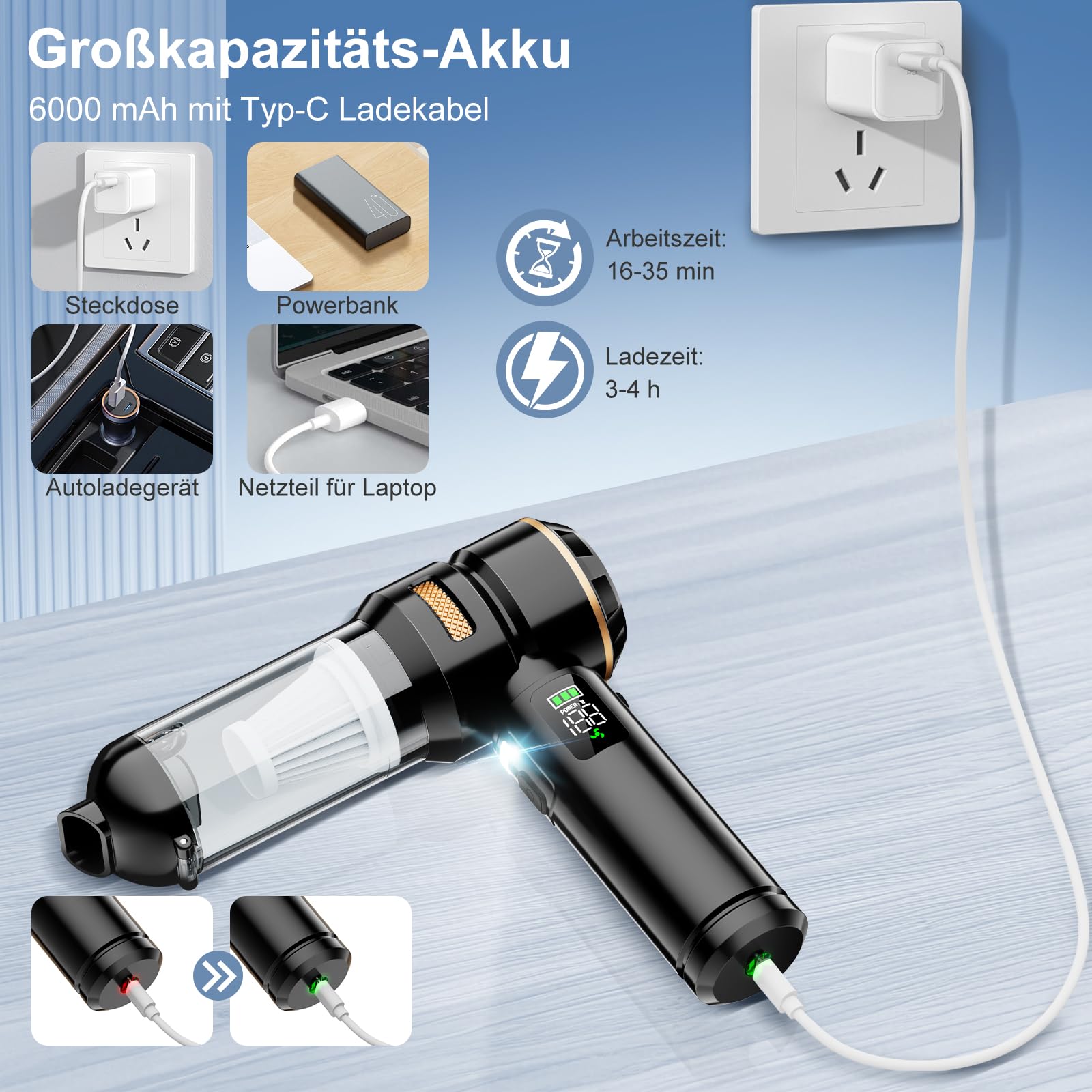Handstaubsauger Akku 4-in-1, 32000Pa Auto Staubsauger Stark, Handstaubsauger Auto, LCD Display Autostaubsauger, Bürstenlosem Motor, 3-Gang 300000 U/min Staubsauger für Auto/Büro/Tierhaare