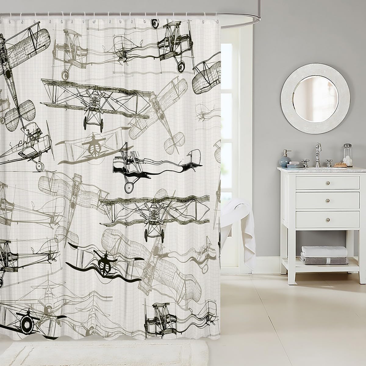 Manfei Aircraft Kids Shower Curtains,American Airplane Retro Bathroom Curtains for Girls Boys Adults,Air Vehicles Airplane Beige Black Vintage Waterproof Curtains,12 Hooks Suits,72" W x 84" L