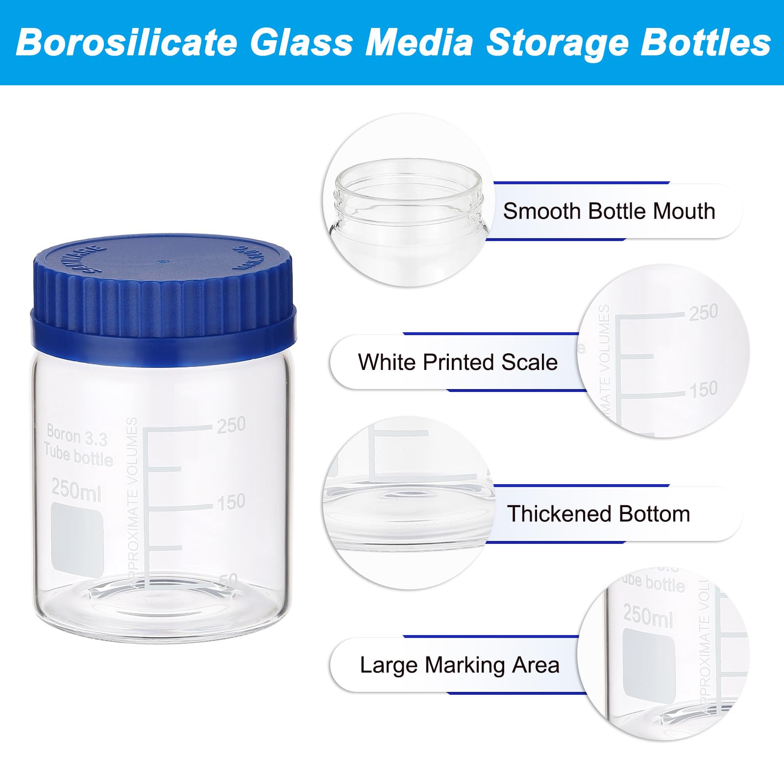PATIKIL Confezione da 4 bottiglie rotonde per reagenti, in vetro borosilicato, 250 ml, a bocca larga, graduate, con tappo a vite GL32 blu, per liquidi reagenti d'acqua di laboratorio, trasparenti