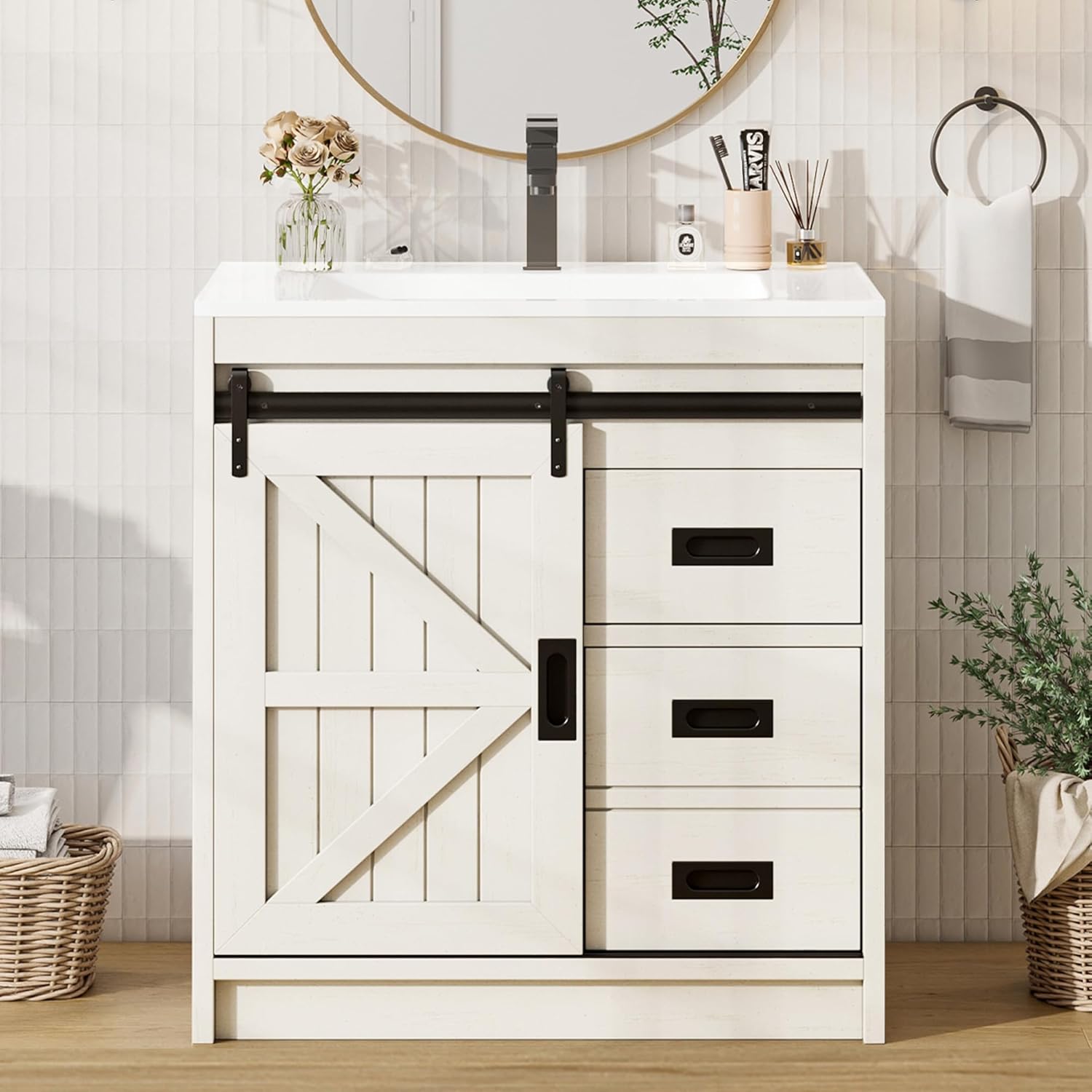 AMERLIFE Farmhouse Bathroom Vanity with Sink Combo, 31in Sliding Barn Door Bathroom Vanity Cabinet Set with Storage Drawers, Metal Handles, Small Single Bath Storage Vanity Sink, Antique White