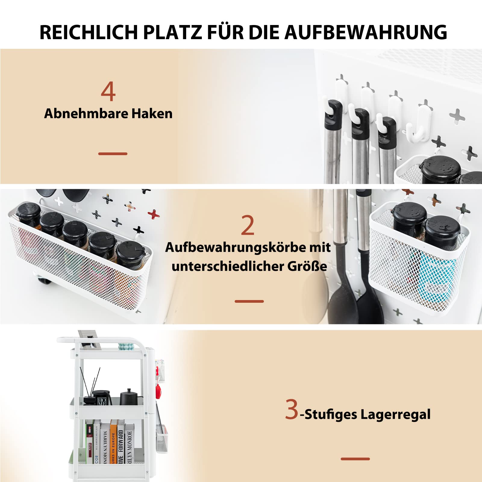 COSTWAY Rollwagen 3 Etagen, Küchenwagen mit 2 Stecktafeln, Metall Mehrzweckwagen auf Rollen, Küchenrollwagen mit 4 Haken & 2 Körben & Griff, Servierwagen für Küche, Aufbewahrungswagen (Weiß)