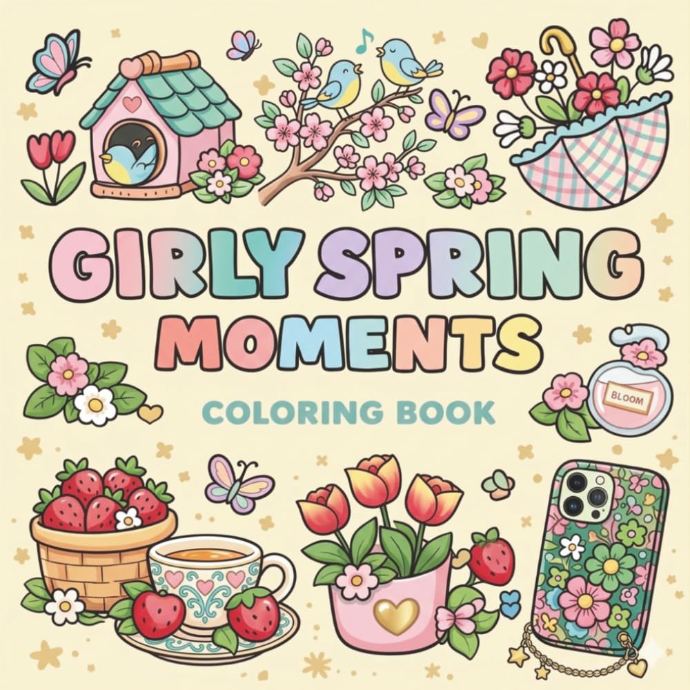Girly Spring Moments Coloring Book for Teens & Adults: 50+ Bold and Easy Cozy Spring Scenes | Cute Flowers, Strawberries, Tea Time & Aesthetic Designs for Relaxation
