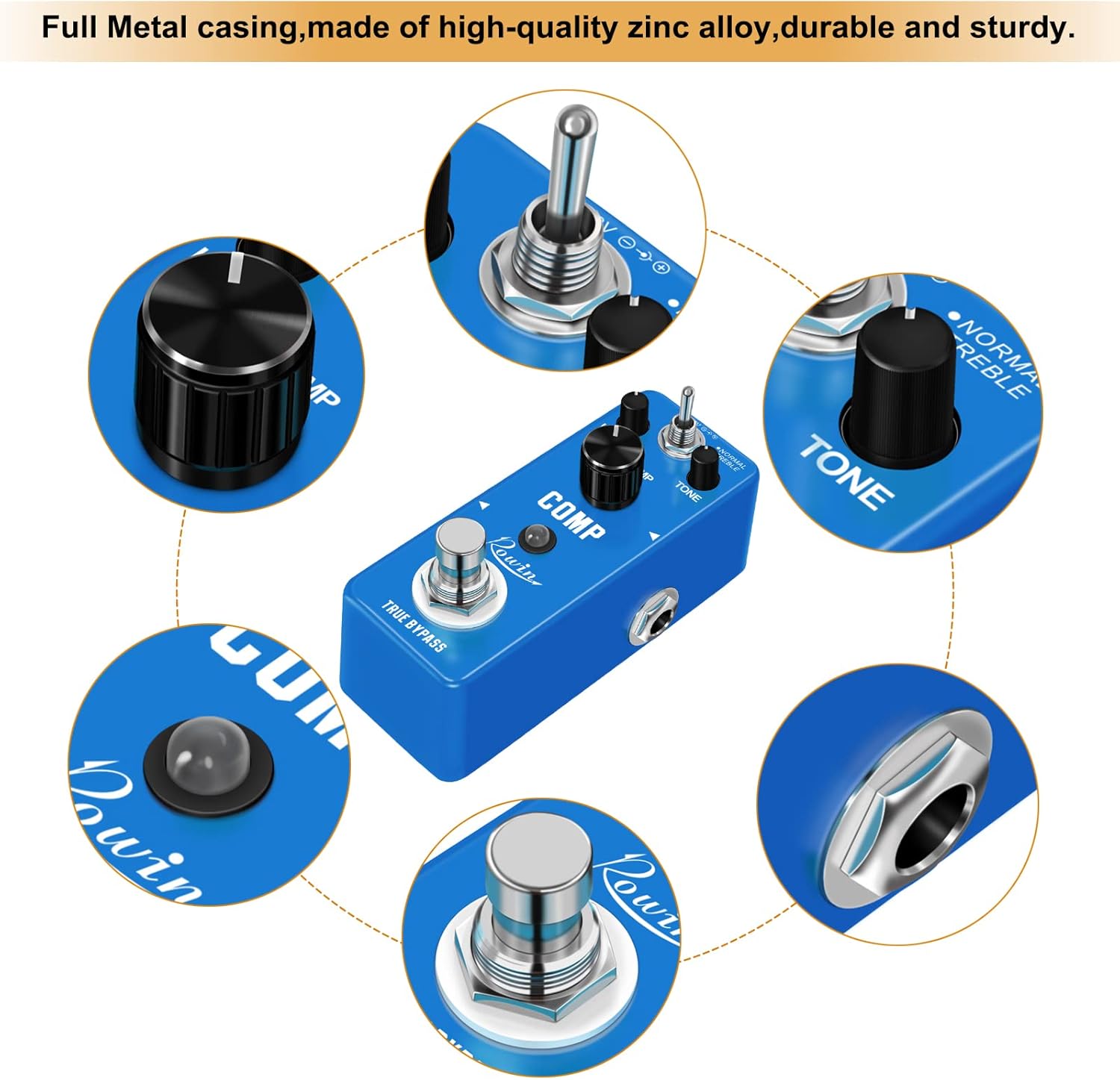 Rowin Compression Guitar Pedal with TREBLE AND NORMAL MODES Compressor
