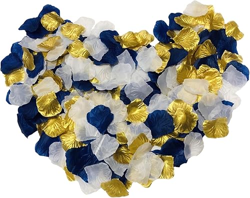 Miniatura 2 de Flores artificiales mixtas de color blanco, azul oscuro y dorado, pétalos de rosa de seda, 900 pétalos dispersos para niñas de flores, centros de