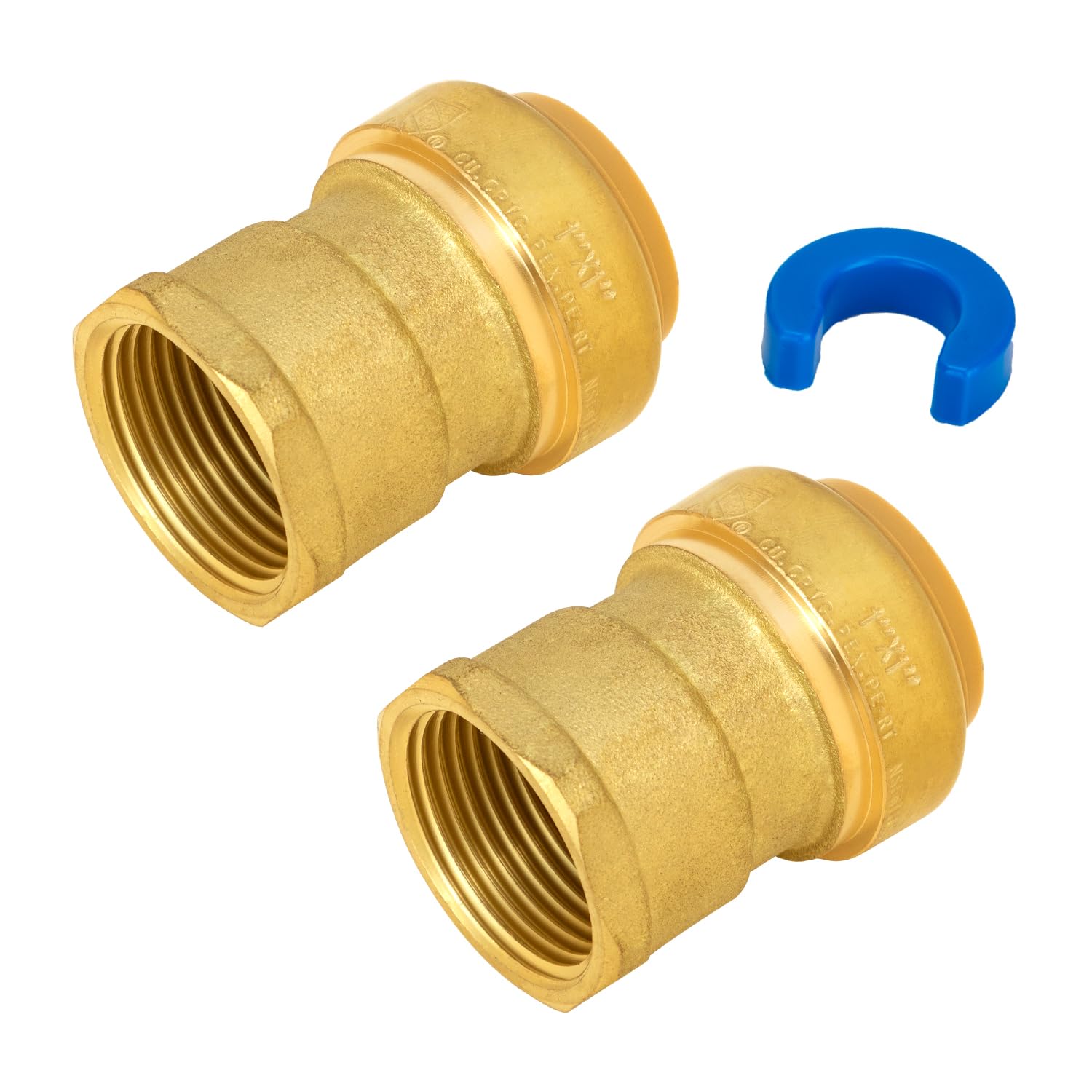 SUNGATOR Adaptador hembra Pushfit, adaptador FNPT de 1 pulgada x 1 pulgada, sin plomo, latón para conectar accesorios de fontanería para trabajar con Pex, cobre, CPVC, con 1 clip de desconexión,