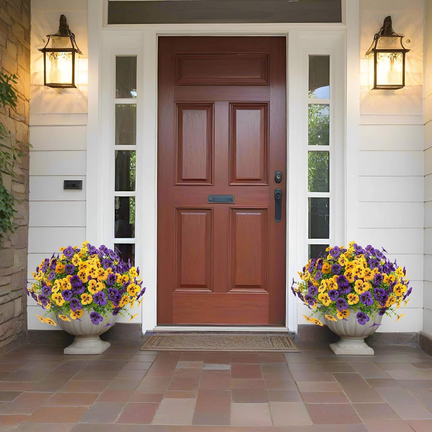 18 Pcs Artificial Fake Pansy Flowers for Outdoor, Faux UV Resistant Silk Pansies Flowers for Outside Planter Front Door Porch Yard Patio Window Box Home Decor (18, Yellow,Purple) - Image 3