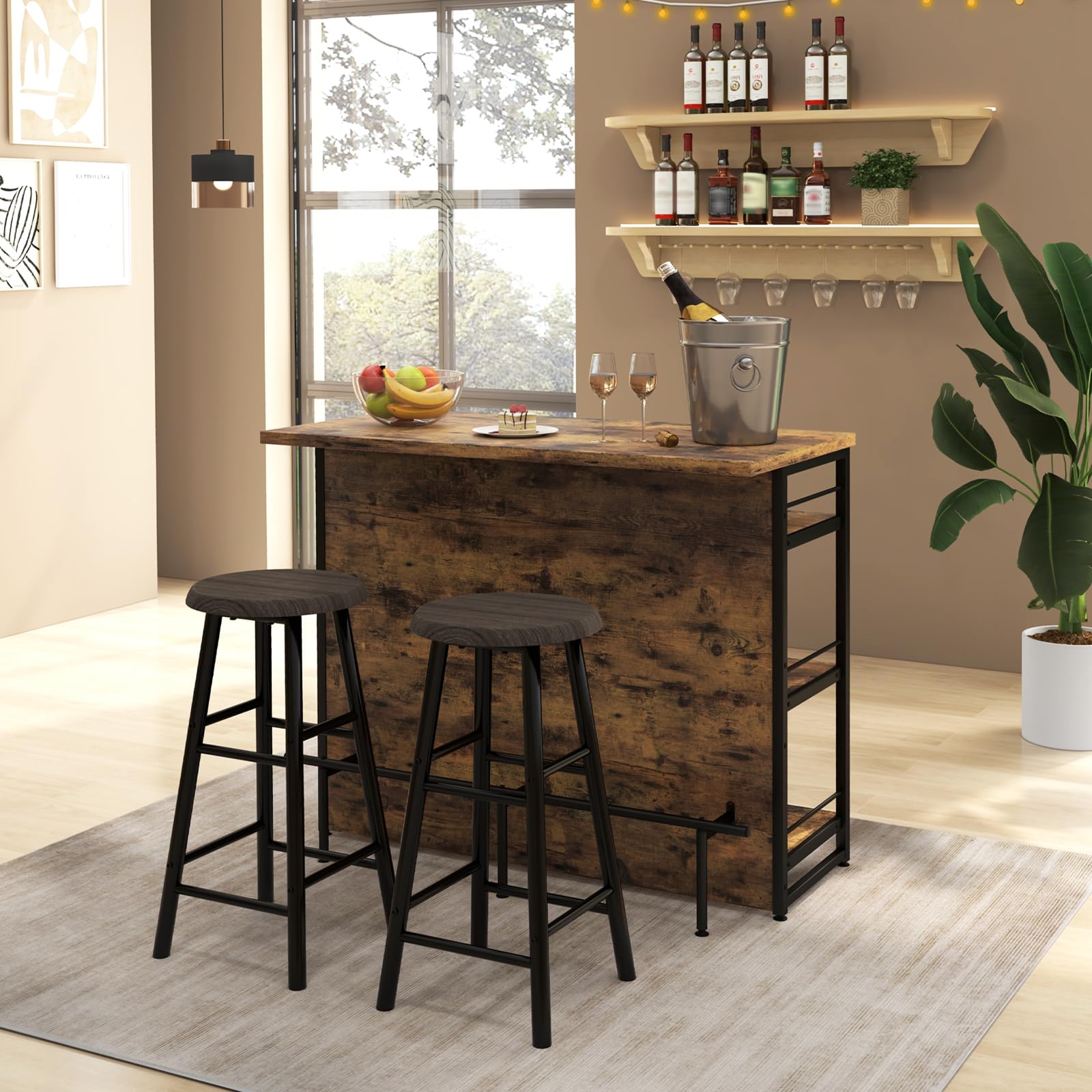 KOMFOTTEU Table de bar 2 en 1 avec espace de rangement - Armoire de bar avec 4 niveaux - Étagère à vin et support en verre - Buffet haut avec pieds réglables - 120 x 60 x 101 cm (marron)