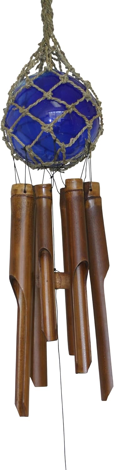 Cohasset Gifts Bamboo Wind Chime | #263 | Glass Ball Bamboo Wind Chime | Nautical, Outdoor, Home Décor for Decks, Garden, Porch | 4 inch Diameter | Blue Glass |