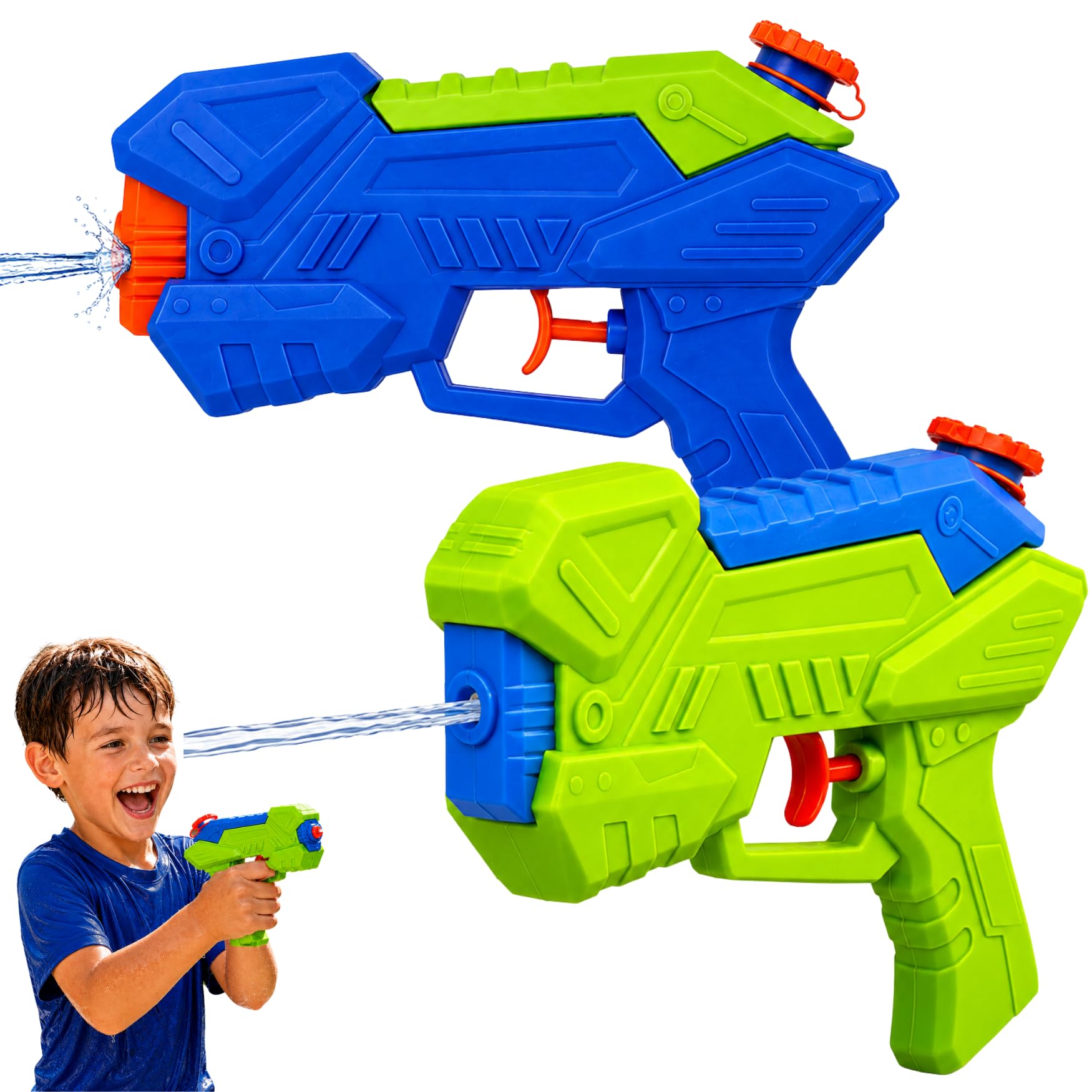 Splash Squad Water Gun Set Blue and Green 20cm Kids Outdoor Water Blasters 250ml Tank 7M Range Summer Beach Pool Garden Squirt Toy Family Water Fight Toys for Boys Girls Age 3 Plus