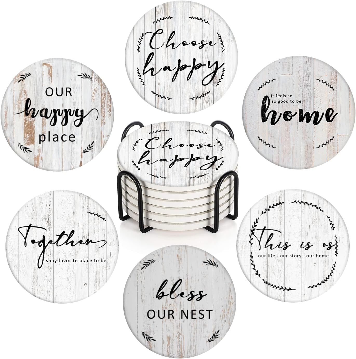 Coasters for Drinks Set of 6, Grey Wood Home Bless Happy Saying Absorbent Round Ceramic Stone Mat, with Cork Base and Metal Holder, Gift for Housewarming Room Bar Decor