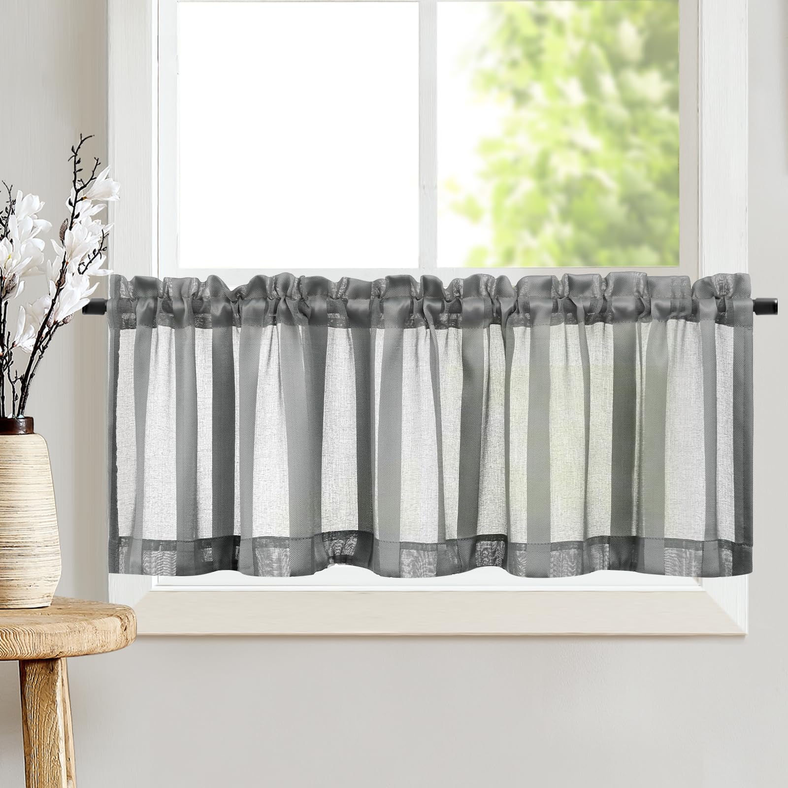 TOPICK Sheer Scheibengardinen mit Tunnelzug Transparent Bistrogadine Landhaus Streifen Voile Küchenvorhang Gestreift Küchengardinen Paarig für Badezimmer