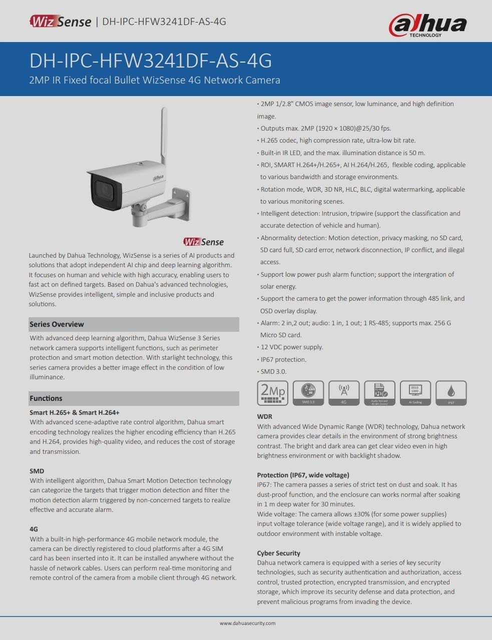 Dahua WizSense DH-IPC-HFW3241DF-AS-4G Datasheet Page 1