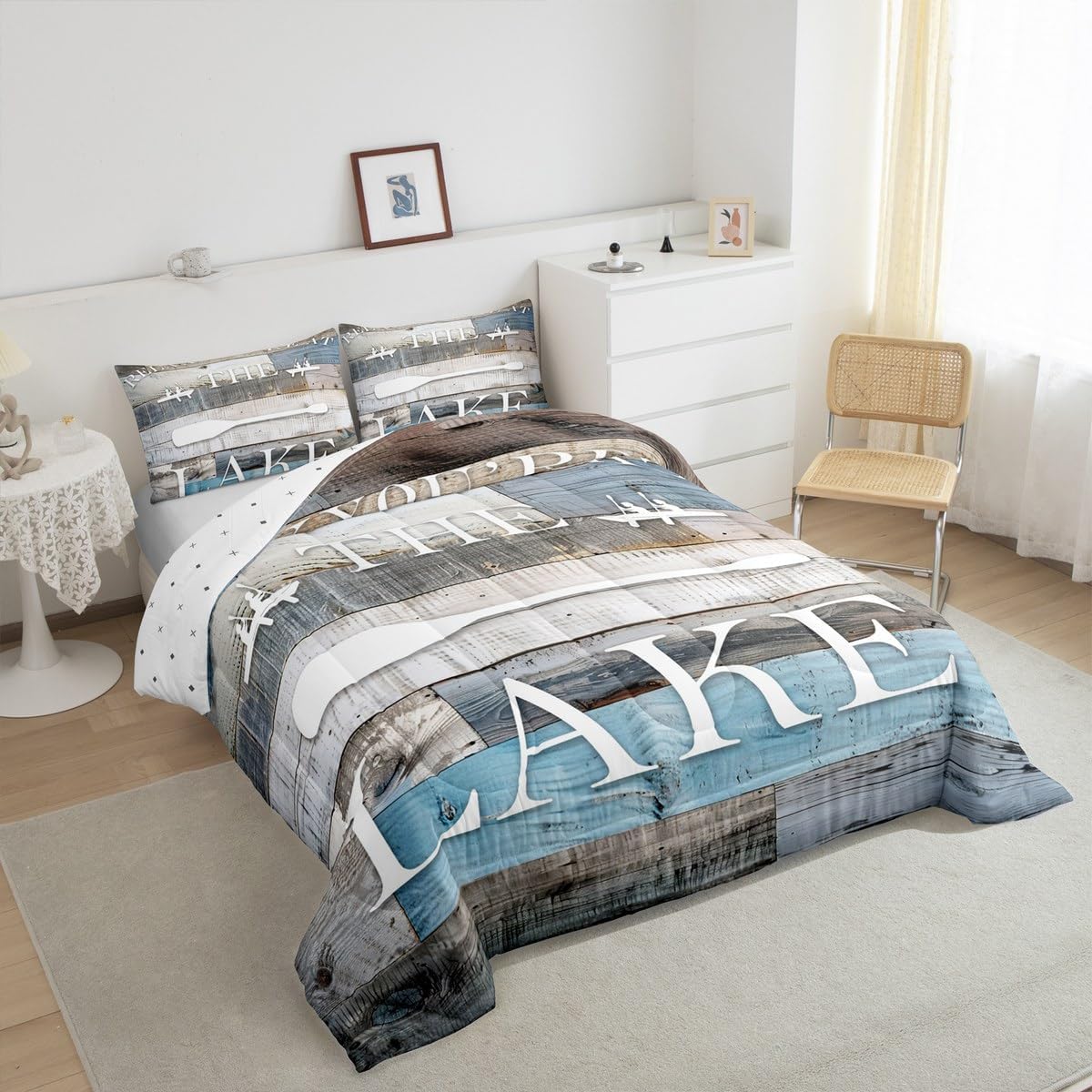 Rustic Farmhouse Comforter Set Lake Cabin Bedding Set King Size Blue Grey Retro Wooden Quilt Set 3pcs for Teens Boys Women Men Home Decor,Lake Life White Cabin Bedspread,2 Pillowcases