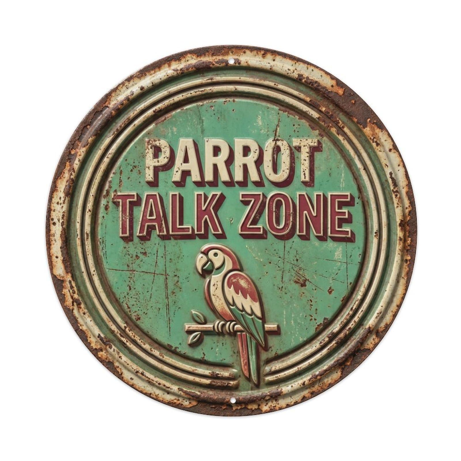 Parrot Talk Zone Nostalgic Metal Tin Sign Plaque Wall Decor for Cafe, Club Bar, Office, Home Garden Round Metal Poster 8x8Inch