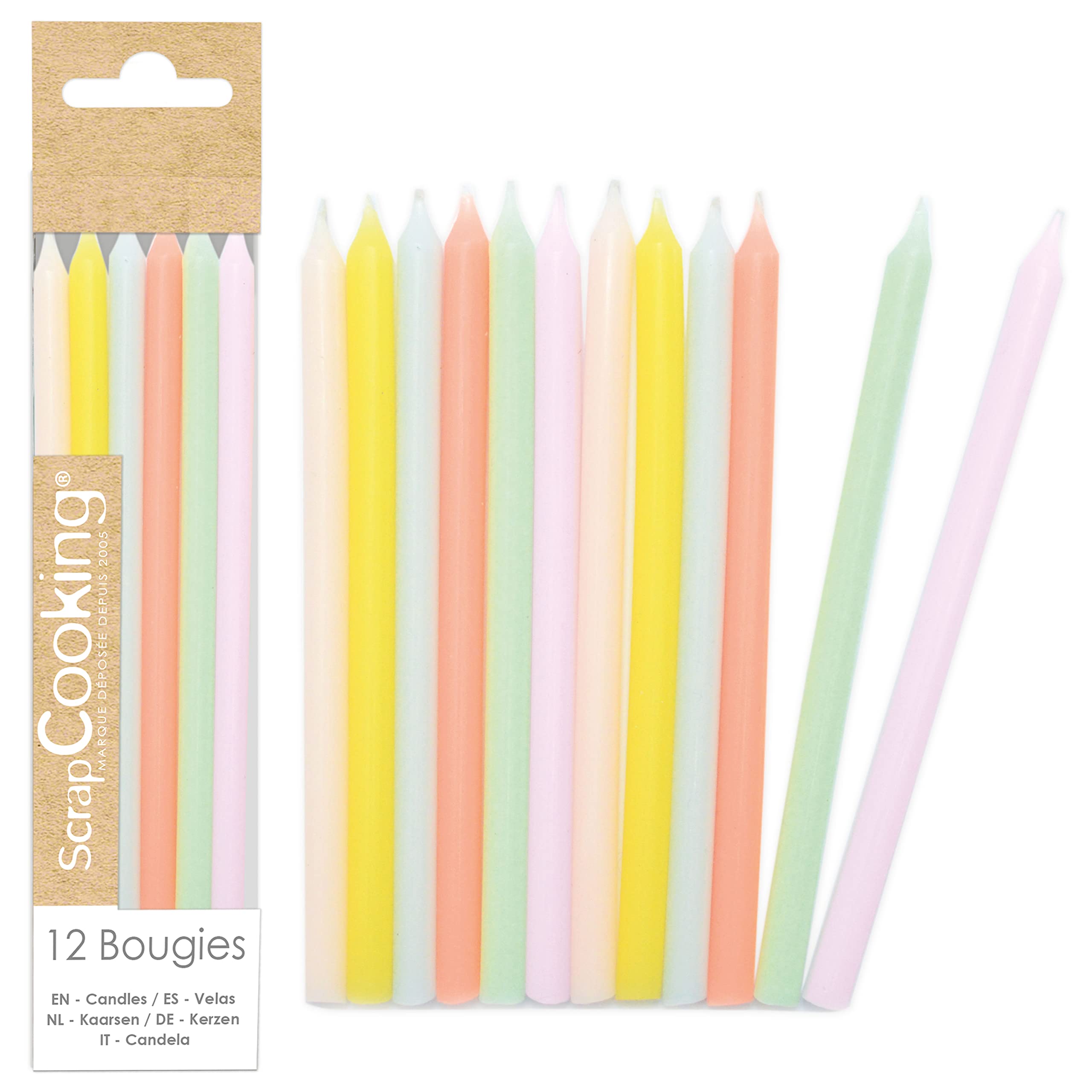 ScrapCooking 12 Candeline Lunghe Pastello Per Torta – Multicolore, Paraffina Di Qualità, Con Punte Alimentari, Altezza 12 Cm, Feste Compleanno