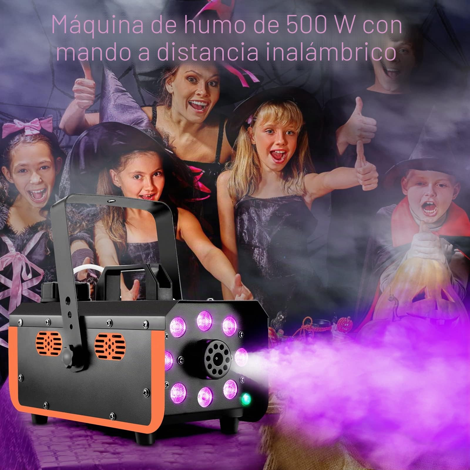 HAKUTA Máquina de Humo a Prueba de Lluvia, 8 LED con 4 Efectos para Fiestas | Resistente a Salpicaduras, Luces y Humo Control Independiente, 2 Mandos, 13 Colores, 300ml, para Bodas/Halloween/DJ