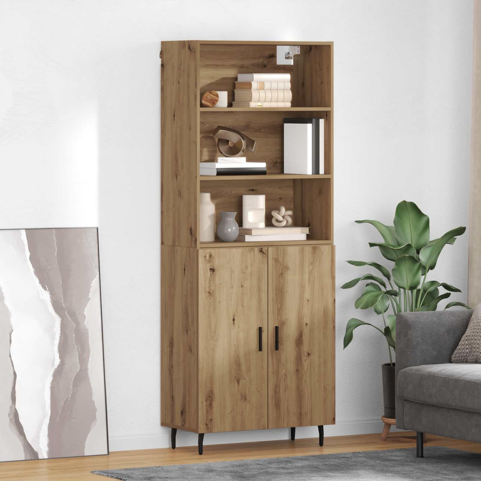 Buffet haut en bois de chêne Artisan 69,5 x 32,5 x 180 cm 2 pièces avec beaucoup d'espace de rangement pour salon, salle à manger, rangement moderne et ordre