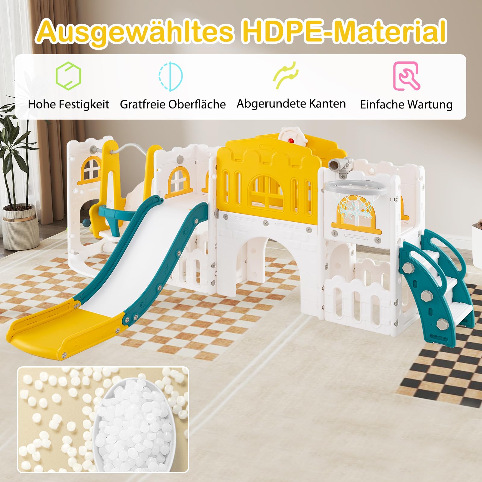 COSTWAY Kinder Rutsche mit Klettergerüst & Schaukel, Rutschenset mit Schaukel Basketballkorb Teleskop Lenkrad, Montessori Indoor-Spielplatz für Kinder ab 1 Jahr (Grün + Gelb)