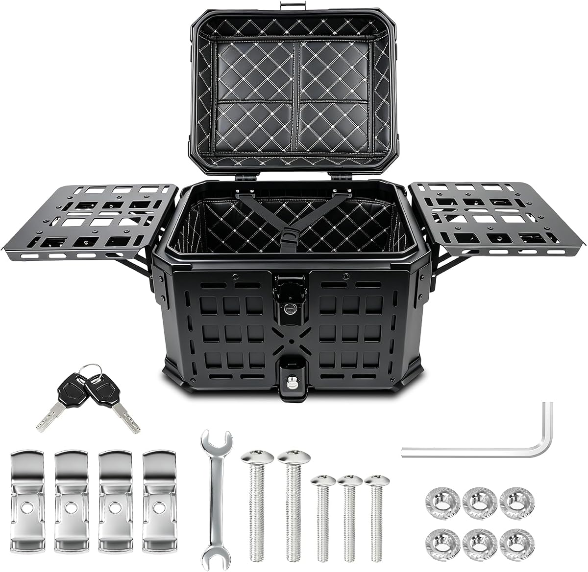Universal Motorcycle Top Case Aluminum Motorbike Tail Box 45L Trunk Tour Storage Carrier Case with Backrest Security Lock Handle for Helmet Luggage Picnic Table Waterproof Detachable Full Black
