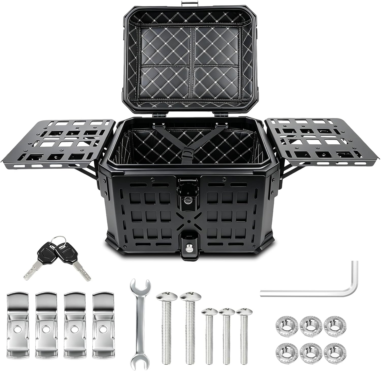 Universal Motorcycle Top Case Aluminum Motorbike Tail Box 45L Trunk Tour Storage Carrier Case with Backrest Security Lock Handle for Helmet Luggage Picnic Table Waterproof Detachable Full Black