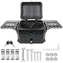 Universal Motorcycle Top Case Aluminum Motorbike Tail Box 45L Trunk Tour Storage Carrier Case with Backrest Security Lock Handle for Helmet Luggage Picnic Table Waterproof Detachable Full Black