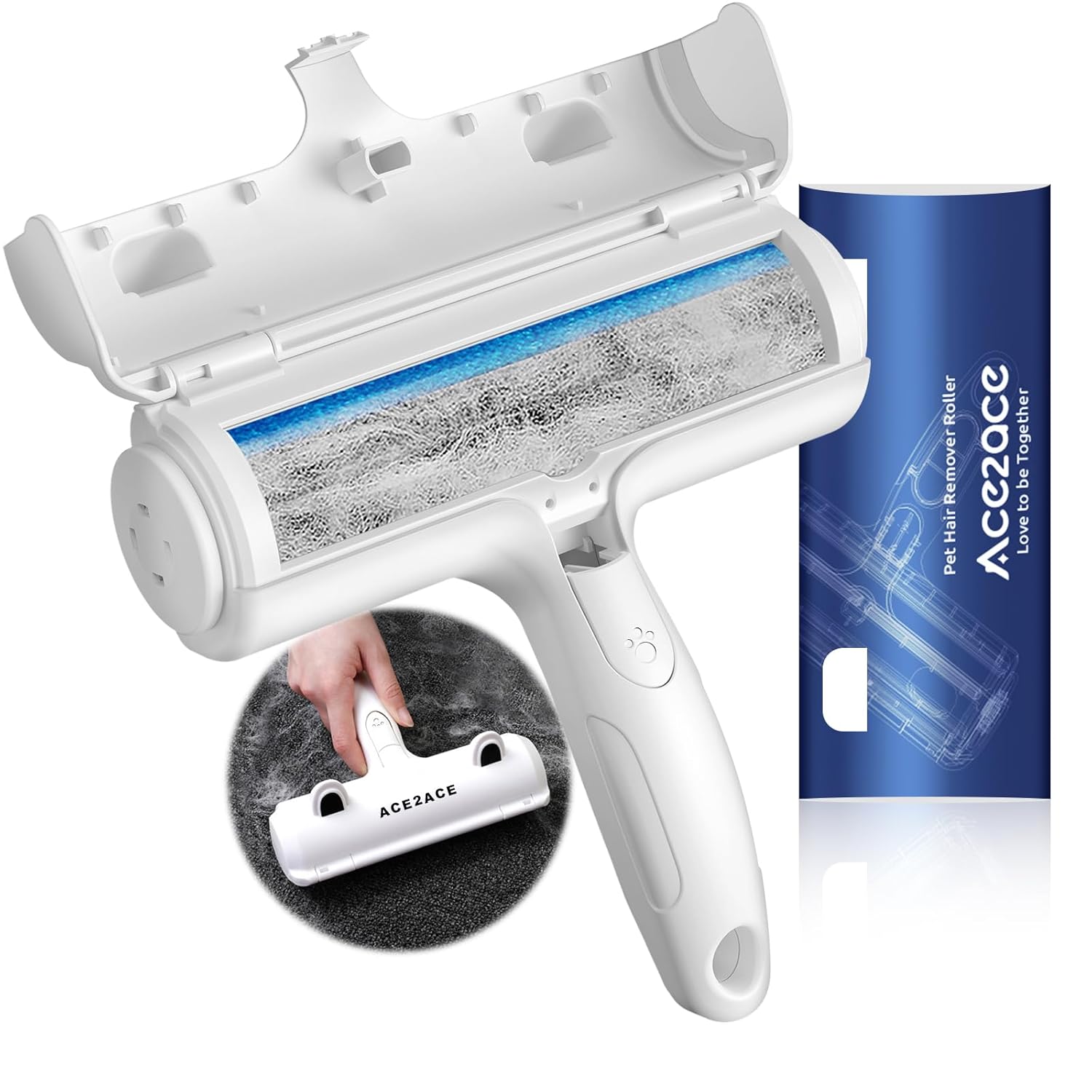 ACE2ACE Pet Hair Remover Roller, Reusable Animal Hair Removal Brush for Dogs and Cats, Self Clean Pet Fur from Carpet, Furniture, Rugs, Laundry, Clothes and Bedding, Sofa, White+Blue