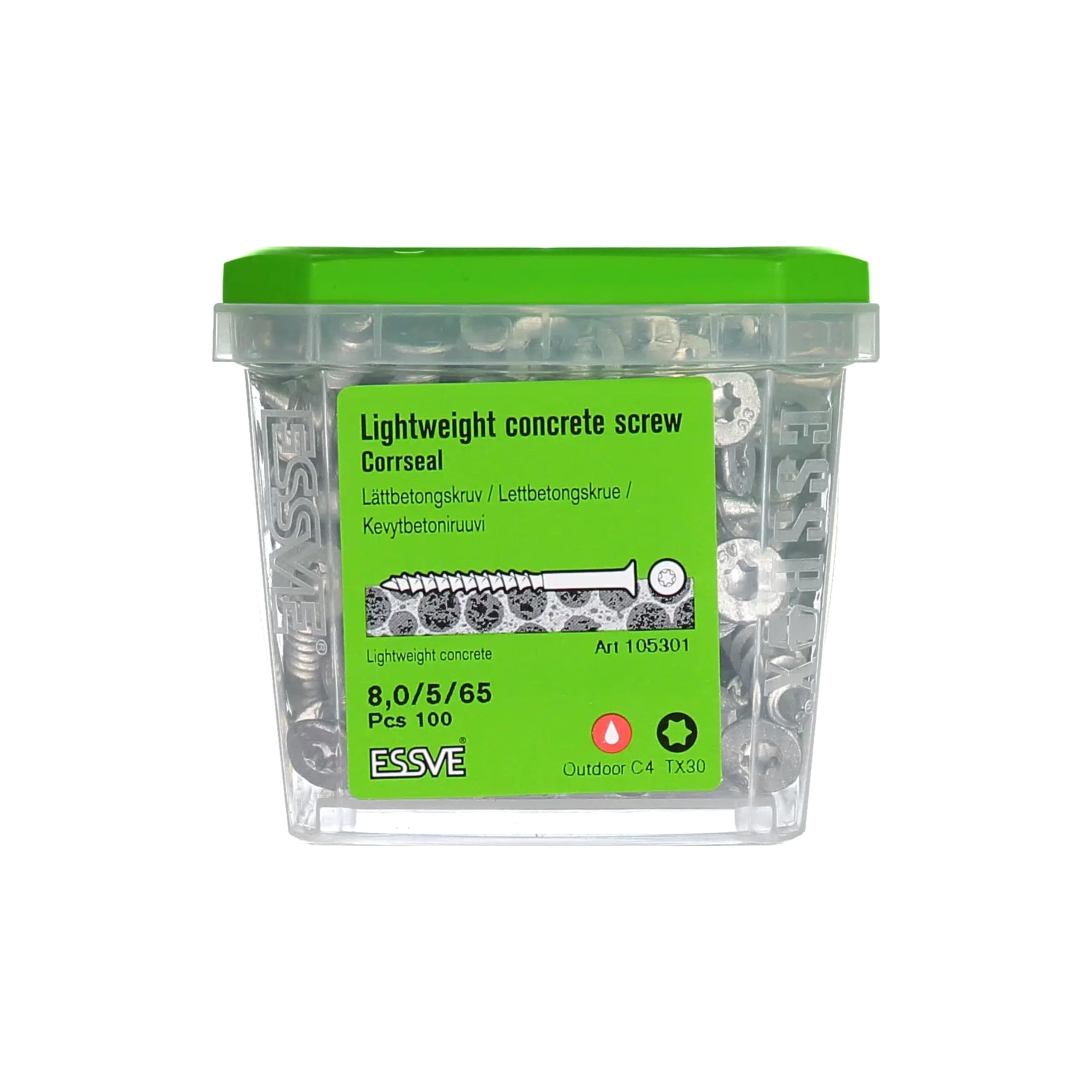ESSVE Viti per calcestruzzo C4 (CorrSeal) 8,0 x 65 mm, per calcestruzzo aerato e cemento a gas (Ytong, Siporex, Leca), TX30, in acciaio temprato, senza preforatura, ESSBOX + sistema (8,0 x 65)