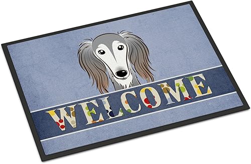 Miniatura 218 de Caroline's Treasures BB1449JMAT - Tapete de bienvenida de carlino negro, 24 x 36 pulgadas, tapete azul para puerta delantera, para interiores