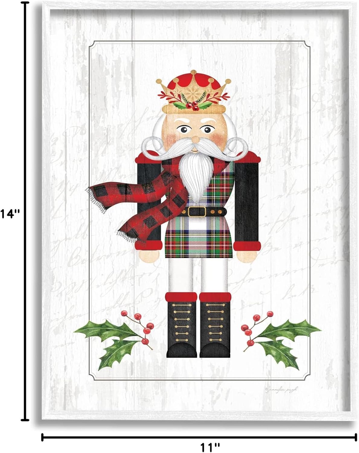 Stupell Industries Winter Holly Nutcracker Royal Crown Christmas Plaid White Framed Wall Art, 11 x 14