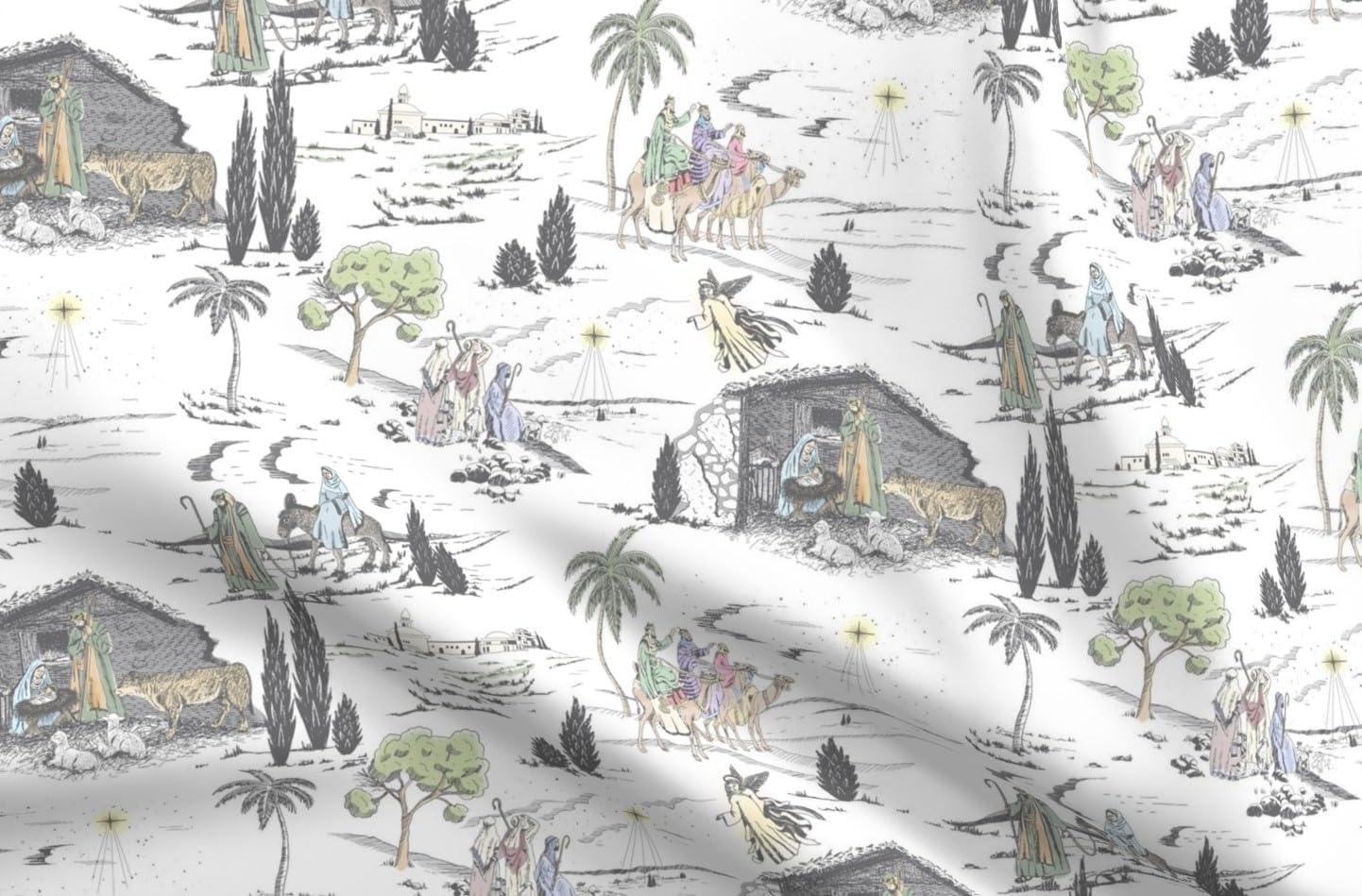 Spoonflower Fabric - Grey Nativity Toile Christmas Nativity Donkey Camels Shepherds Baby Printed on Petal Cotton Fabric by The Yard - Sewing Quilting Apparel Crafts Decor