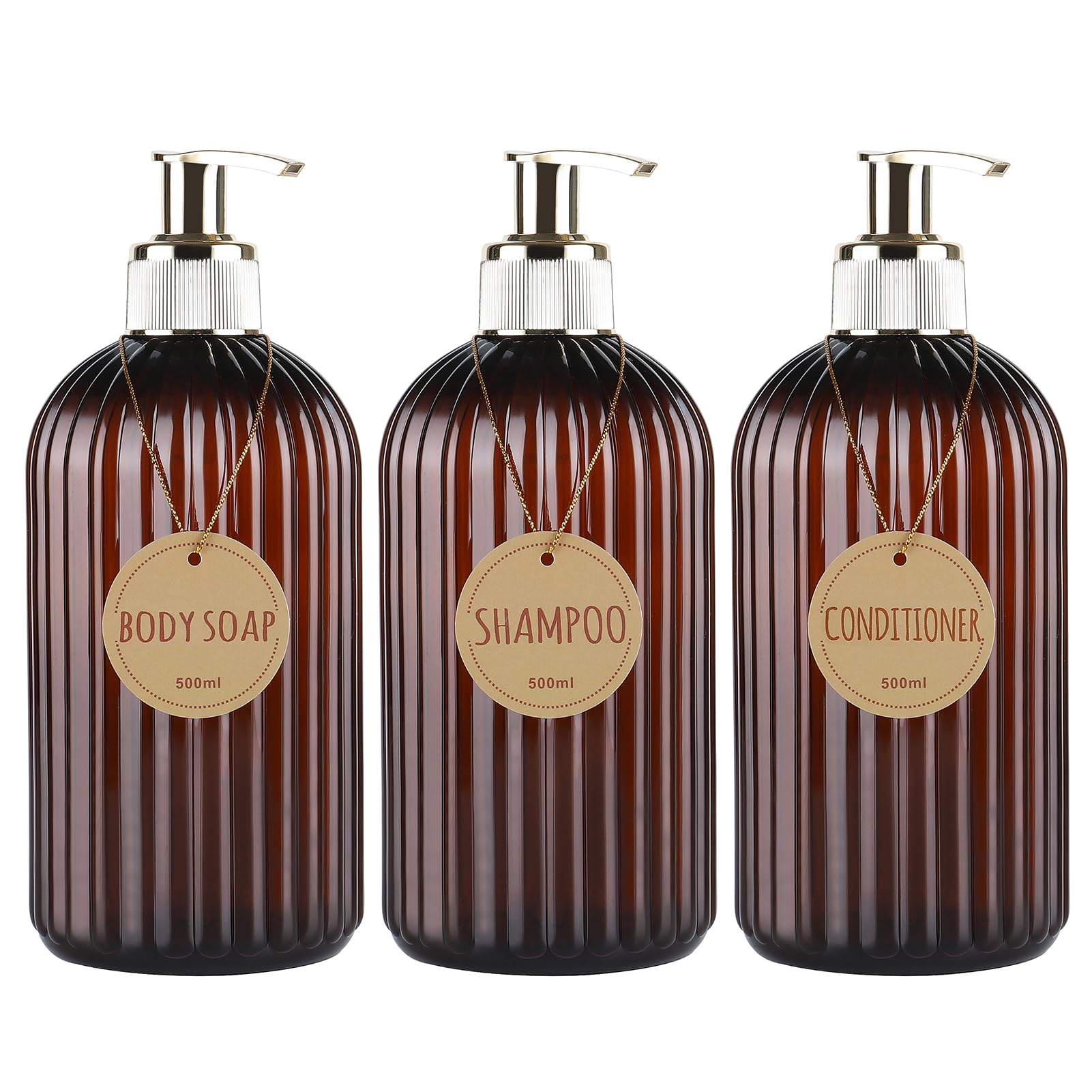 DEROANBOTT Bathroom Shampoo and Conditioner Dispenser, Reusable Plastic Bottles for Shampoo and Shower Gel, with Waterproof Labels, soap Dispenser with Pump (Amber Color)