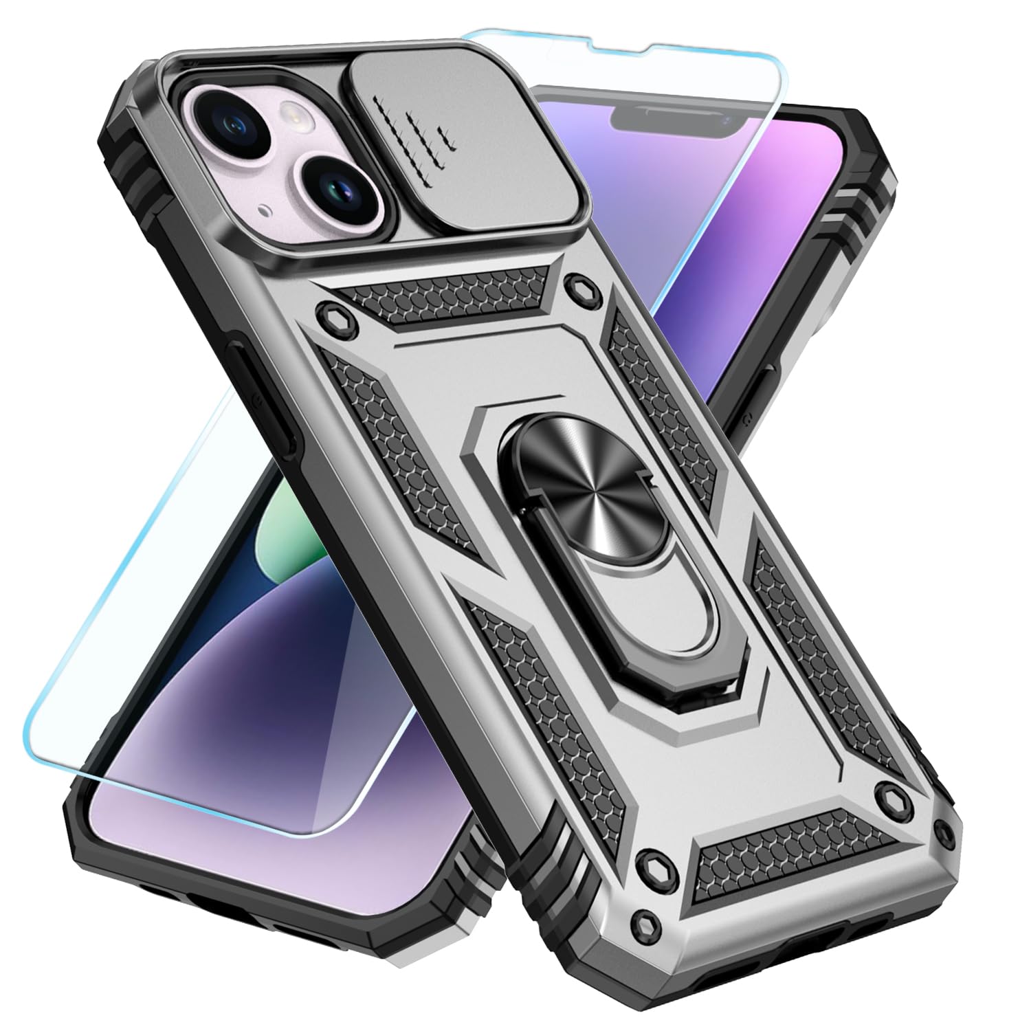SunStory Compatible with iPhone 13 Case/iPhone 14 Case with HD Screen Protector & Slide Camera Cover & Rotated Ring Kickstand,[Military-Grade] Phone