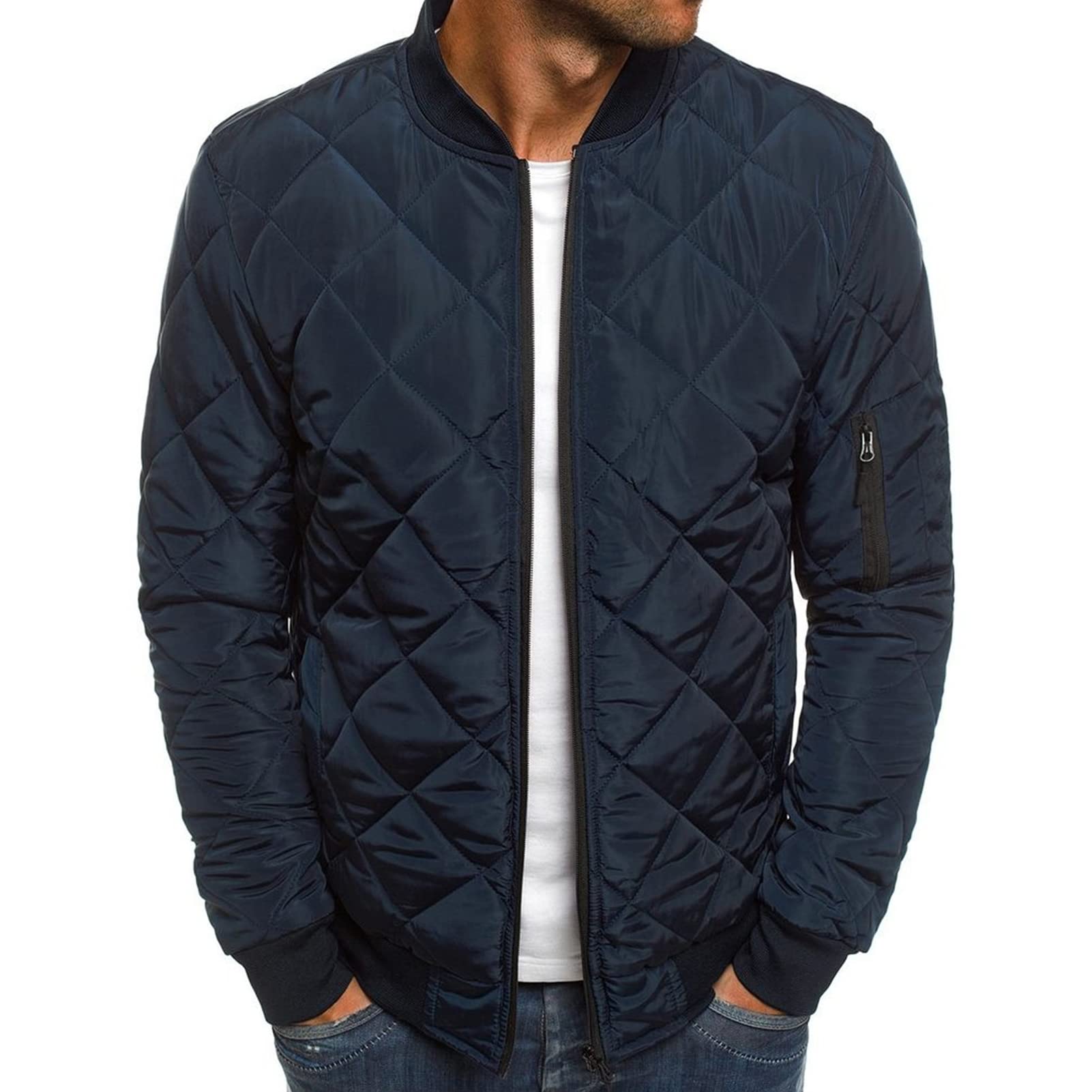 Men Flight Bomber Jackets Diamond Quilted Lightweight Varsity Jacket Full Zip Up Softshell Winter Warm Padded Coat