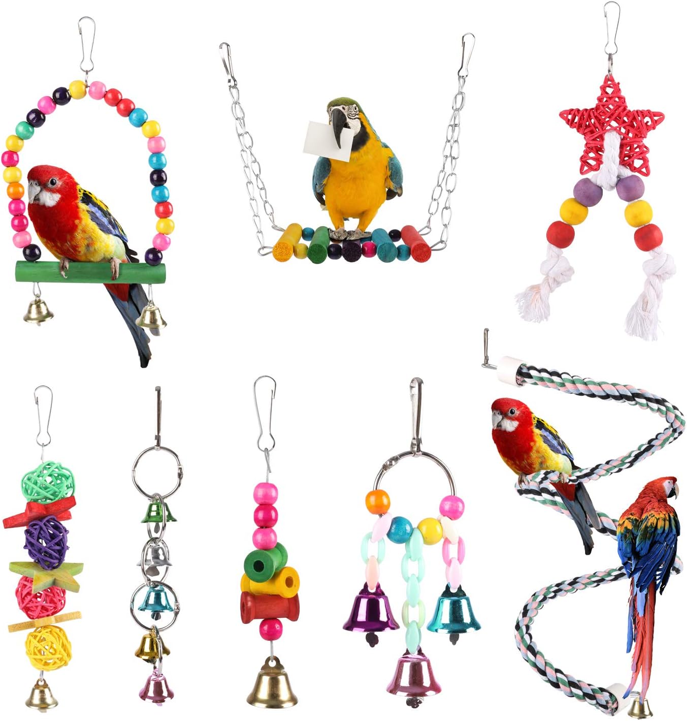 Studio 21 Graphix 8 Packs Bird Parrot Swing Chewing Toys - Hanging Bell Birds Cage Toys for Small Parakeets, Finches, Cockatiels,…