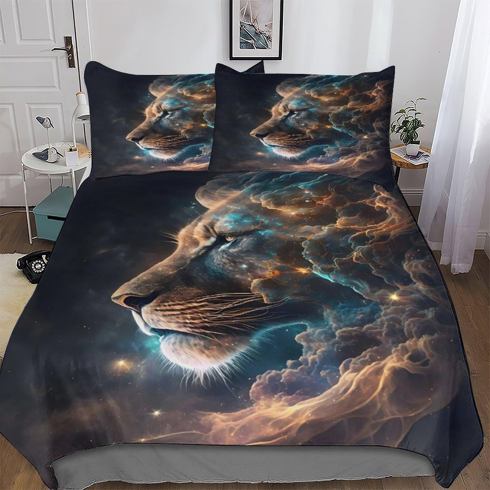 Housse de couette lion 220x240 cm avec sa parure de lit king en microfibre de coton pour adolescent