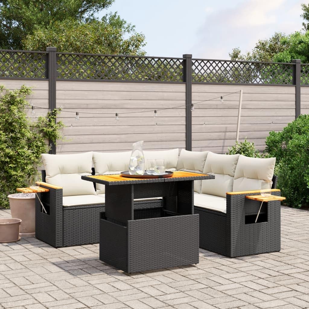 Set di 6 divani da giardino con cuscini neri in polyrattan intrecciato, resistente alle intemperie, 1 tavolo, 1 divano ad angolo, 2 divani centrali, 2 divani con braccioli in legno di acacia