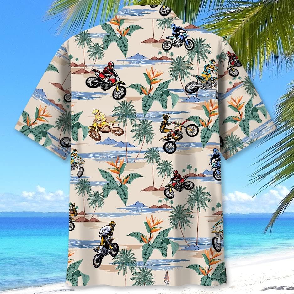 Motocross Racing Shirts for Men Dirtbike Short Sleeve Aloha Button Down Shirt - Mens Dirt Bike Gifts