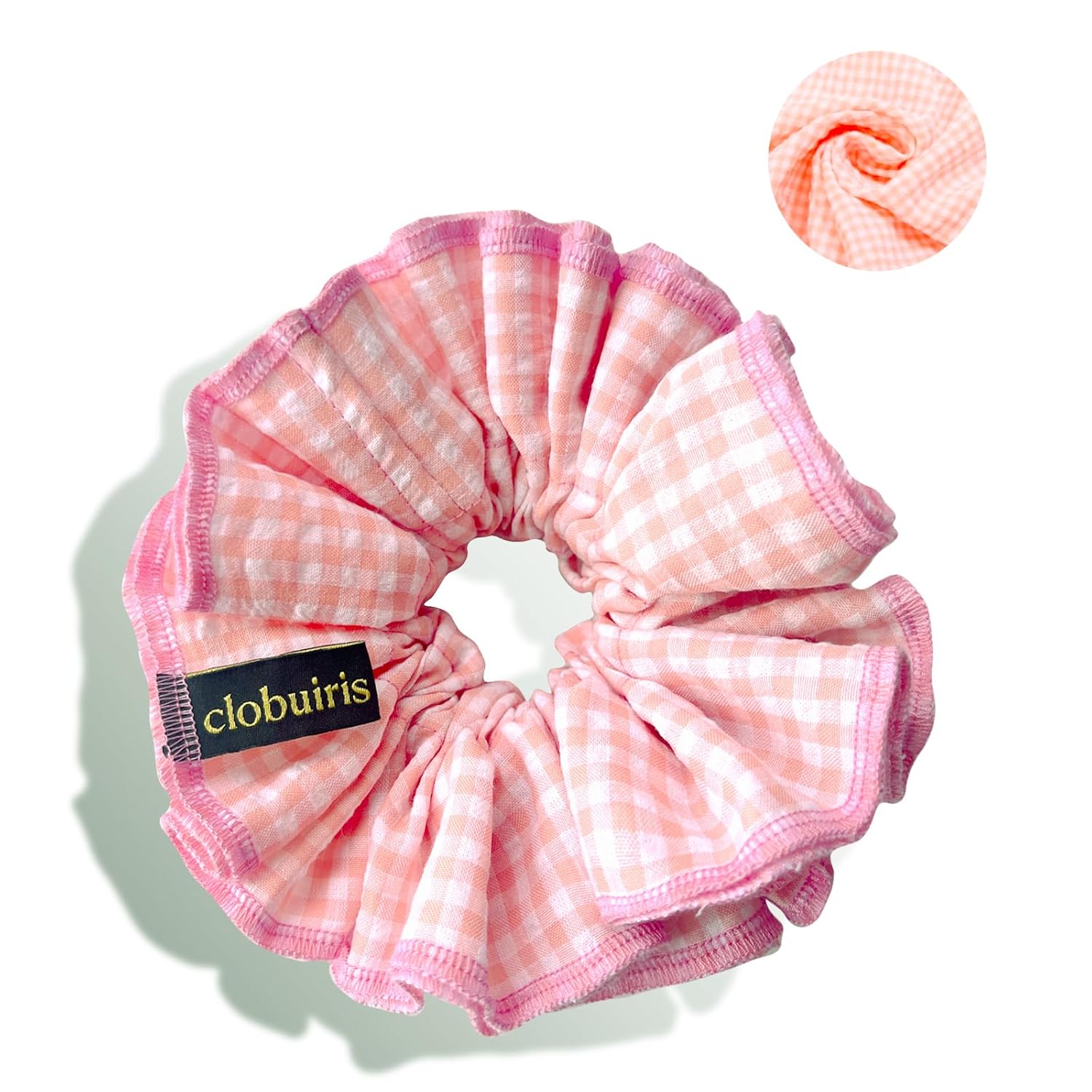 Vintage Plaid Cotton Scrunchies for Women – Extra Large 6.2 in (16cm) Hair Ties with Layered, 17 Colors Retro Hair Accessories for School & Daily Use (Classic Checkered) (Peach Pink, Baby)