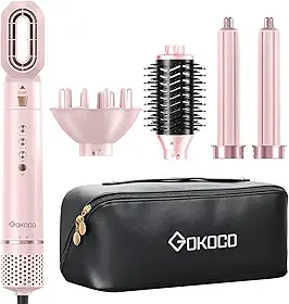 GOKOCO Escova Secador de Cabelo Profissional 5 em 1 - Kit Modelador com Bocal, Difusor, Escova Secadora, 2 Modelador de Cachos, íons Negativos Alta Velocidade Para Secar, Alisar e Enrolar, GD031 127v Rosa