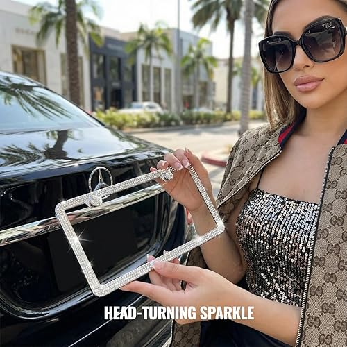 Vista 5 de Paquete de 2 marcos de matrícula brillantes para mujer, paquete de 2 marcos de matrícula brillantes con cristales de diamantes de imitación Plateado
