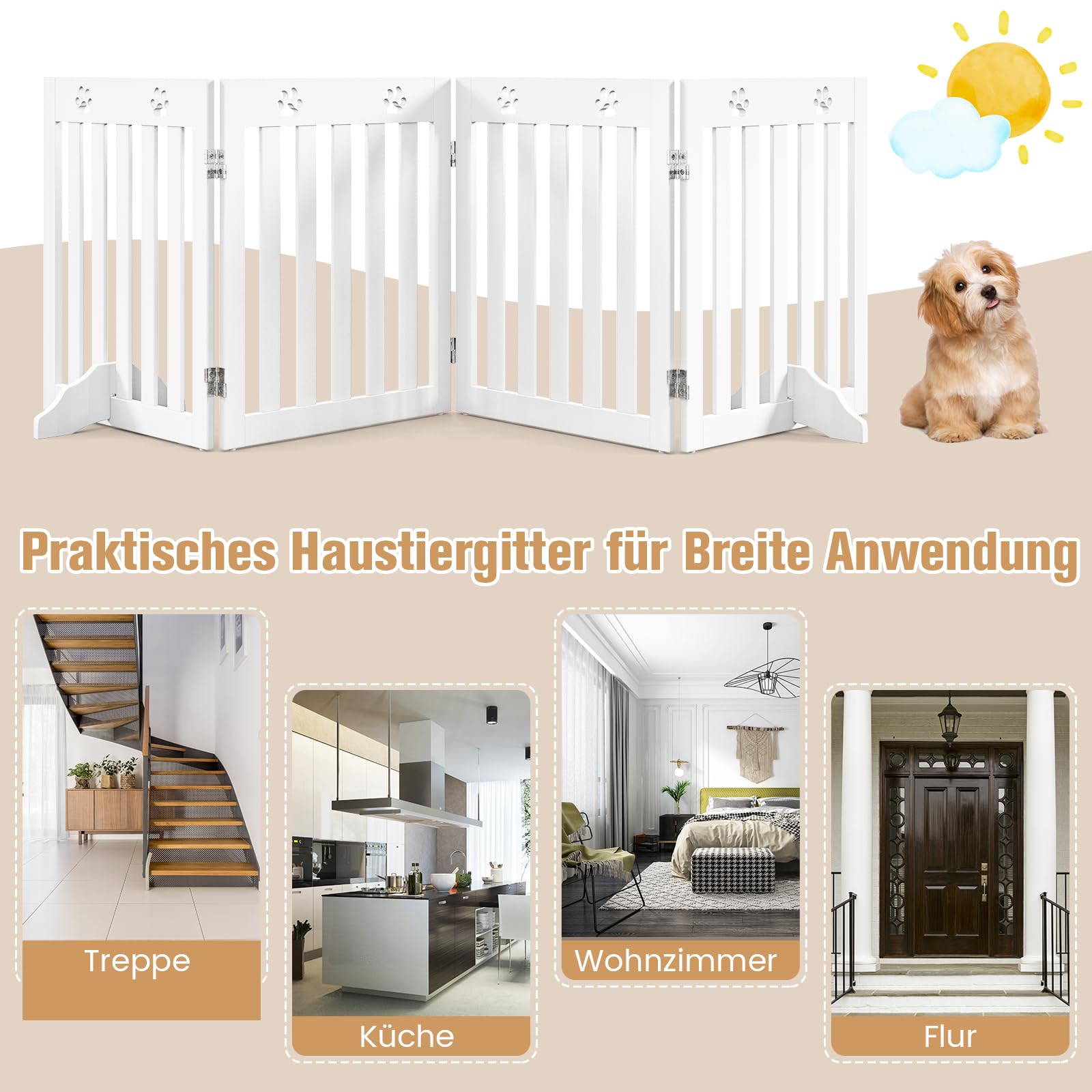 RELAX4LIFE Schutzgitter faltbar, Absperrgitter 3/4 Teile, Hundegitter Hundespur-Design, für Kinder Hunde Tiere, Sicherheitsgitter 360° drehbar, Gitter für Treppe Balkon Kamin Tür (4 Teilig, Weiß)