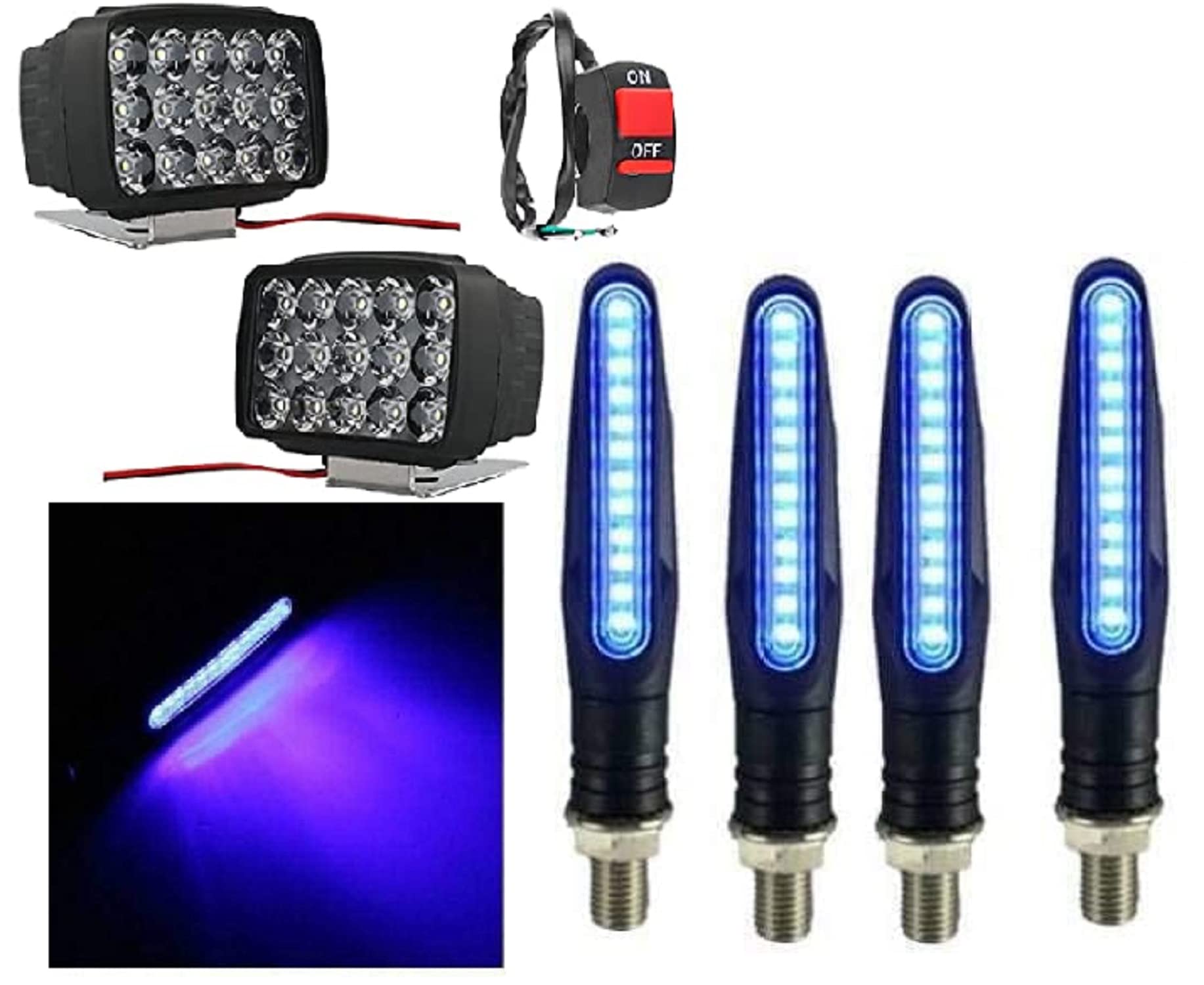 PETROX 15 LED White Fog Light (2 Pcs) with Blue Indicator (4 Pcs) Light | High Brightness | DC Power Waterproof Fog Head Lamp | Bar Light Off-Roading (Free On/Off Switch ) For Hero Hunk