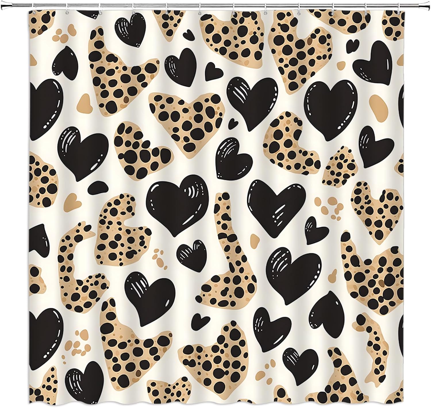 Valentine's Day Shower Curtain Romantic Leopard Print Love Hearts Holiday Fabric Bathroom Decor Set with Hooks(70" Wx84 H)