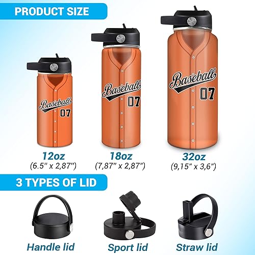 Vista 41 de Hyturtle Botella de agua de béisbol personalizada, botella de acero inoxidable aislada de viaje con tapa a prueba de fugas, 18 onzas, 32 onzas