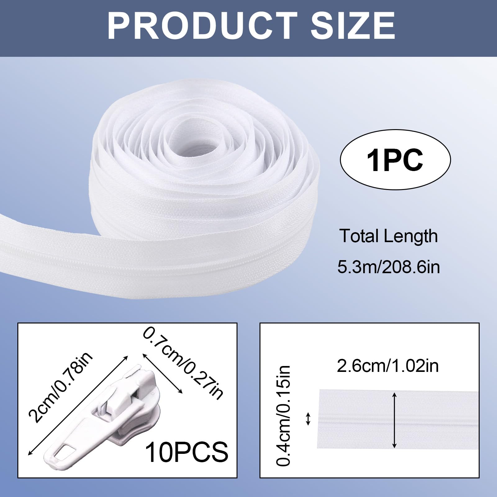 Continuous Zipping White Chain 5.3m Zipper Size 3# Nylon Cushions Upholstery Zips for Sewing Heavy Duty Trimmable on Roll NO.3 Pullers for DIY Sewing Tailor Craft Bag (5m / 10 Zipper Sliders) - Image 2